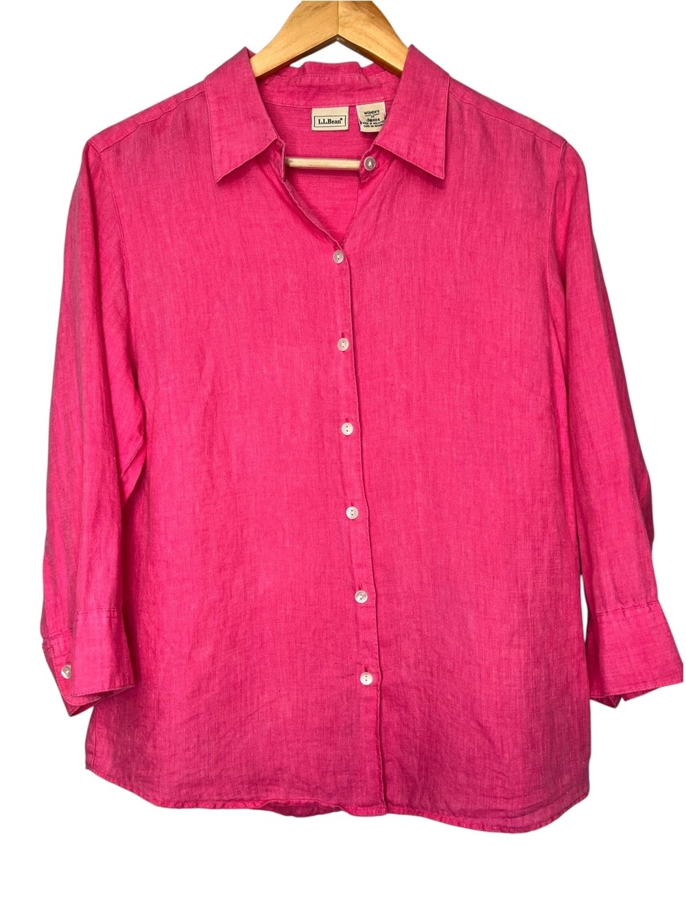 L.L. Bean Women Medium Pink 100% Linen Button Up Long Sleeve Shirt Top Coastal